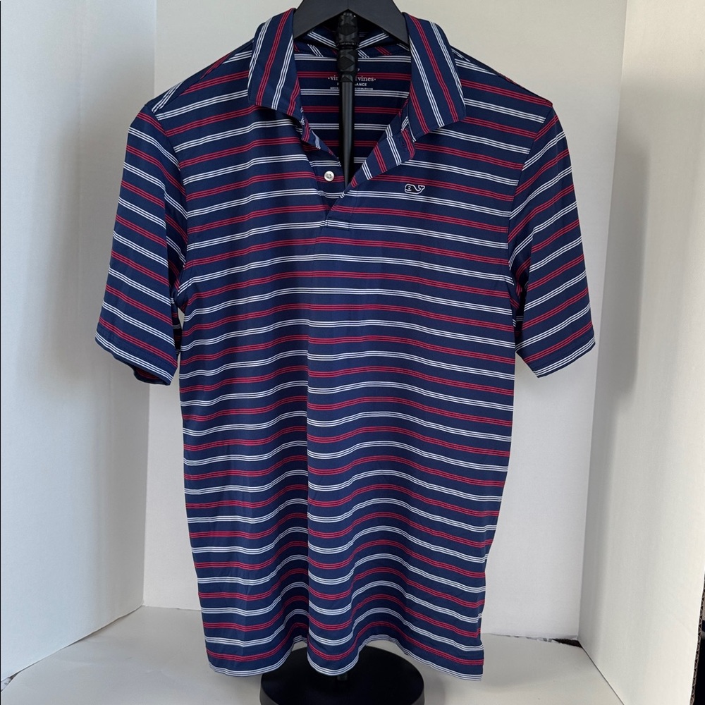 Vineyard Vines Performance Polo. Dark Navy blue with white and red stripes. XL